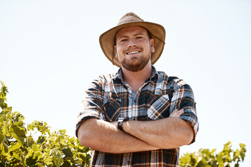 Farm, crossed arms and portrait of man in vineyard for growth, sustainability and wine production. Agriculture, professional and farmer for agro environment, harvest and countryside in Australia