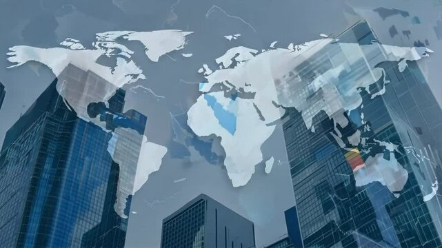 Double exposure of abstract financial graph with world map on office buildings background, forex and investment concept