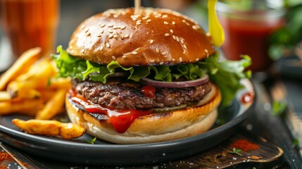 Delicious hamburger with fries on a black plate