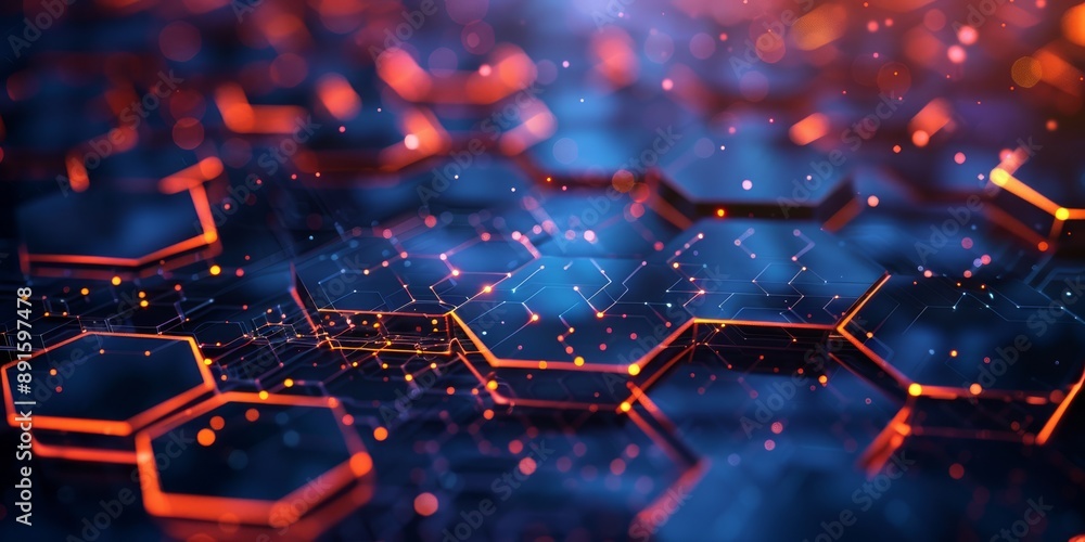 Poster digital blockchain network shown as vibrant, abstract, with glowing hexagonal grid and light particl