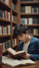 student reading a book in library