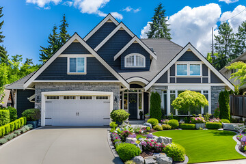 Beautiful residential home exterior on bright sunny day with green grass and blue sky ,A large gray craftsman new construction house with a landscaped yard and leading pathway sidewalk