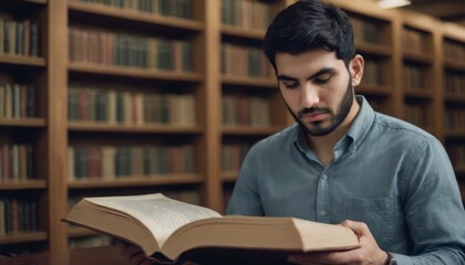 man reading a book in the library