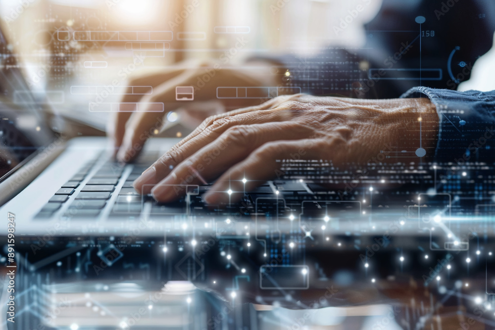 Poster Closeup of Hands Typing on a Laptop Keyboard with Digital Interface Overlays.