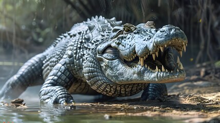 Fototapeta premium Powerful Crocodile Prowling in Serene Swampland Habitat