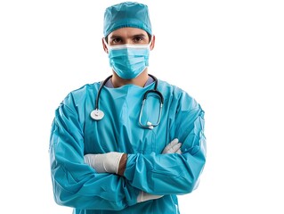 Surgeon in Scrubs with Mask and Gloves on White Background