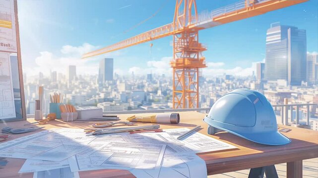 Construction Site with Tools and Equipment in anime or cartoon illustration motion animation video background