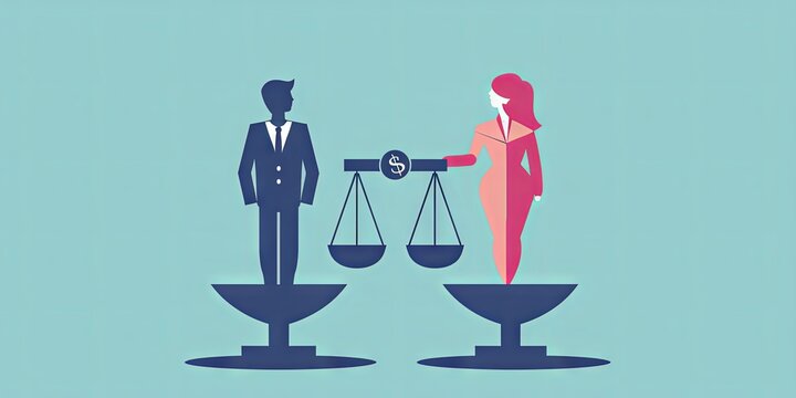 Silhouettes of a woman and a man standing on scales symbolizing equal pay while holding the balance. A symbol of equal pay for men and women. International Equal Pay Day. Vector illustration.
