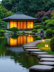 Fototapeta premium Tranquil Japanese Garden at Dusk