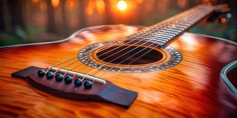 Fototapeta premium Glowing Sunset Acoustic Guitar Closeup