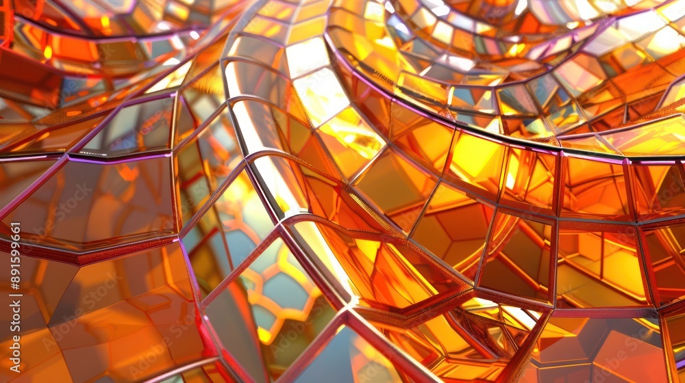 Poster a 3d abstract background with glass mosaics in warm orange hues, creating a colorful, reflective dis