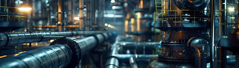 Industrial Pipes and Equipment in a Dark Factory - 3D Illustration