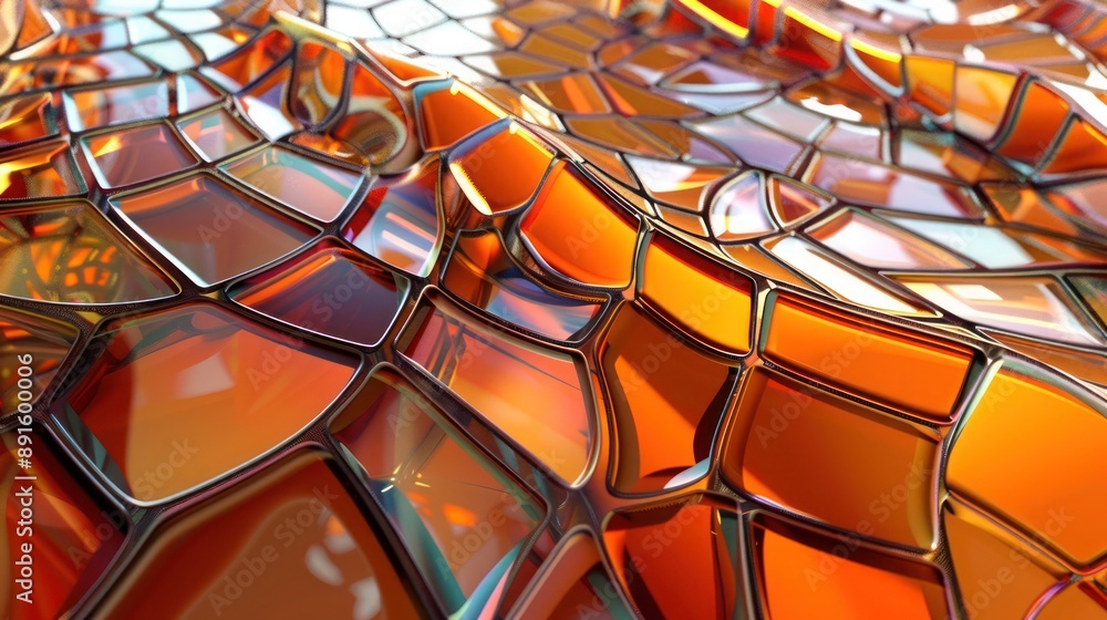 Poster a 3d abstract background with glass mosaics in warm orange hues, creating a colorful, reflective dis