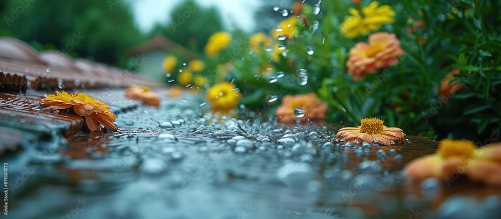 Wall mural Rain-Soaked Petals on a Wooden Surface