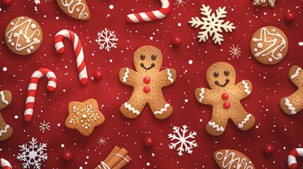 christmas cookie pattern, festive christmas cookie pattern featuring gingerbread men, candy canes, and snowflakes on a red background ideal for wrapping paper or greeting cards