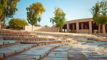 Fototapeta premium Geometric architectural amphitheater in cultural village setting with stairs and landscaping