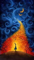 Dreamy Surreal Landscape with Silhouette Woman