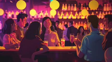 A group of friends, including an Asian woman in casual attire, laughing together while sipping beer in a lively bar setting