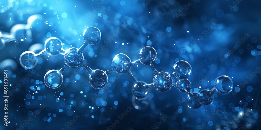 Poster an abstract representation of a blue molecular structure, representing the fields of science and tec