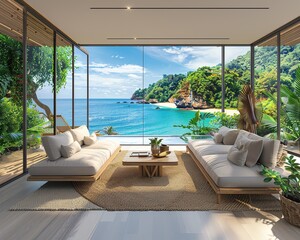 Fototapeta premium Sofa, armchair, coffee table in tropical living room, panoramic window, sea view, luxury beach house interior, modern design, 3D rendering