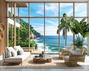 Sofa, armchair, coffee table in tropical living room, panoramic window, sea view, luxury beach house interior, modern design, 3D rendering