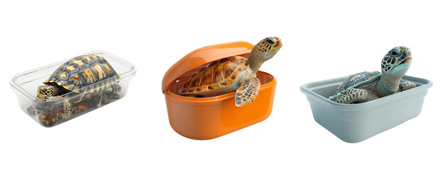  Turtles in Plastic Containers Isolated on Transparent Background