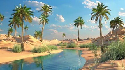Oasis in the Desert with Palm Trees and a Winding Stream.