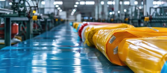 Fototapeta premium Rolls of Yellow Plastic on a Conveyor Belt in a Factory