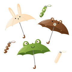 vector collection of cute kawaii animal umbrellas. cartoon umbrella in the form of a frog, bear and rabbit