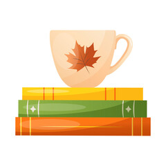 Vector cozy illustration of a book and a cup of tea with autumn leaf
