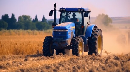 Obraz premium Blue Tractor Working the Field