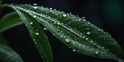 Elegant Green Leaf with Dew Drops on Black Background - Pure Nature.