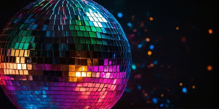 Disco ball sphere with colorful disco lights for party nights , wallpaper background with copy space.