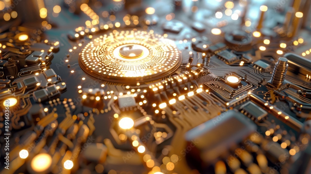 Poster close-up of a glowing microchip on a circuit board