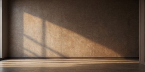 Empty room with minimalist warm taupe wall background with sun shadow for product presentation.