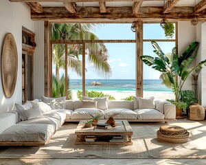 Fototapeta premium Bohostyle cozy living room with large windows, sea view, tropical plants, sofa, armchairs, coffee table, wooden accessories, modern design