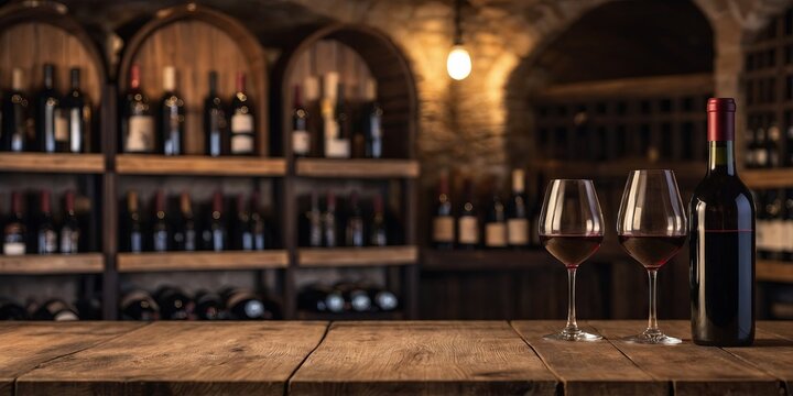 empty wooden table in front blurred wine cellar in the background winery and beverage concept, background for product display.