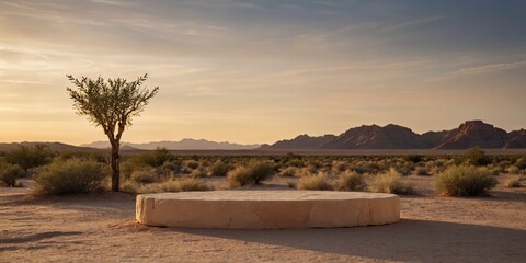 Elegant sandstone podium in a desert oasis at dusk, for warm and inviting product launches.