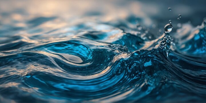Colorful iridescent blue fluid water in motion with curves and turbulent flowing waves backdrop macro.