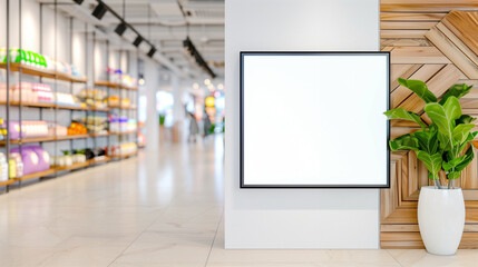 Modern Retail Space Featuring Minimalist Shelving and Blank Display Wall. Bright and Eco-Friendly Design with Decorative Plants for a Contemporary Shopping Experience