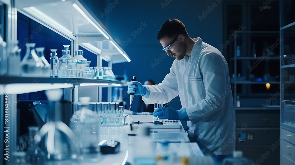 Poster lab technician working with pipette in blue lit lab - realistic image
