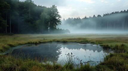 Fototapeta premium Mist covering a meadow with a small pond reflecting the foggy surroundings