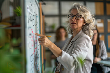 Female business leader pointing at a whiteboard while discussing with her team during a brainstorming session in the office. Photo. professor, teacher, older