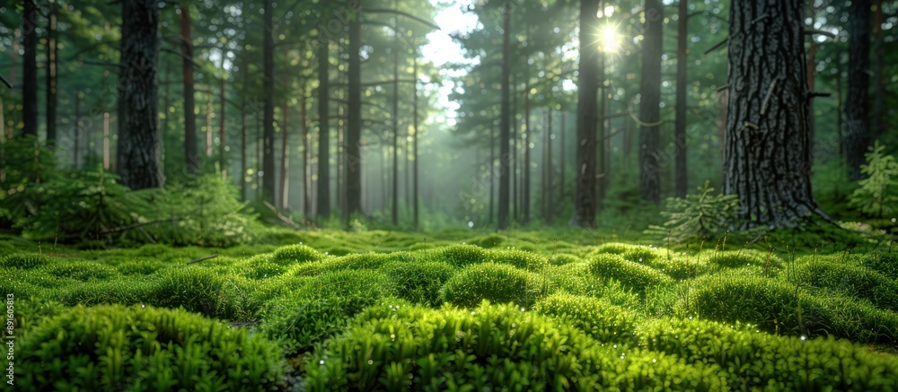 Poster sunlight filtering through a lush forest