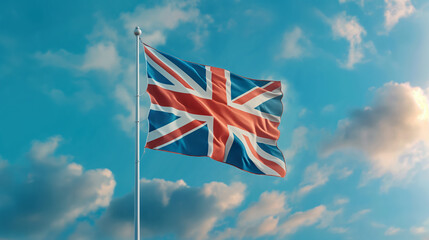 Union Jack flag waving against a vibrant sky with clouds during a serene day