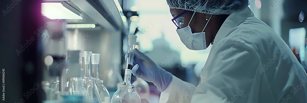 Poster lab scientist working with chemicals in a modern laboratory - realistic image