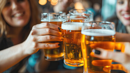 Happy Friends Drinking Beer at Bar, Social Gathering, Enjoying Drinks, Group Celebration,Casual Night Out, Friendship Bonding, Bar Scene, Relaxed Social Interaction