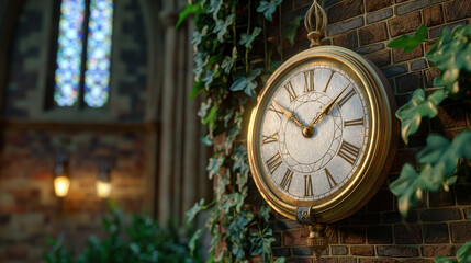 Fototapeta premium Elegant vintage clock with brick wall, gentle light, reflective glass, climbing plants in historic setting
