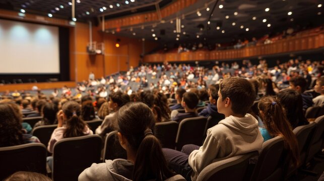 Students participating in a school assembly in a large auditorium