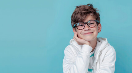 Fototapeta premium Happy Teenage Boy with Glasses and White Jacket, Isolated on Blue Background, Smiling Teenager, Stylish Outfit, Positive Expression, Youthful Energy, Casual Fashion